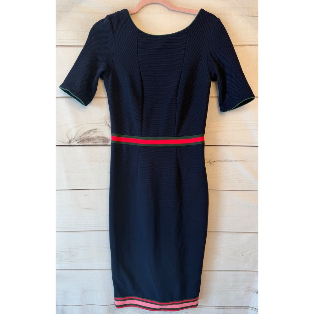 Boden Navy Blue Ottoman Rib Knit Sheath Dress Striped Trim Zip Back 4L J0139